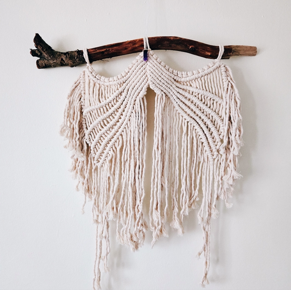 Macrame Angel Wings with Amethyst Crystal handmade